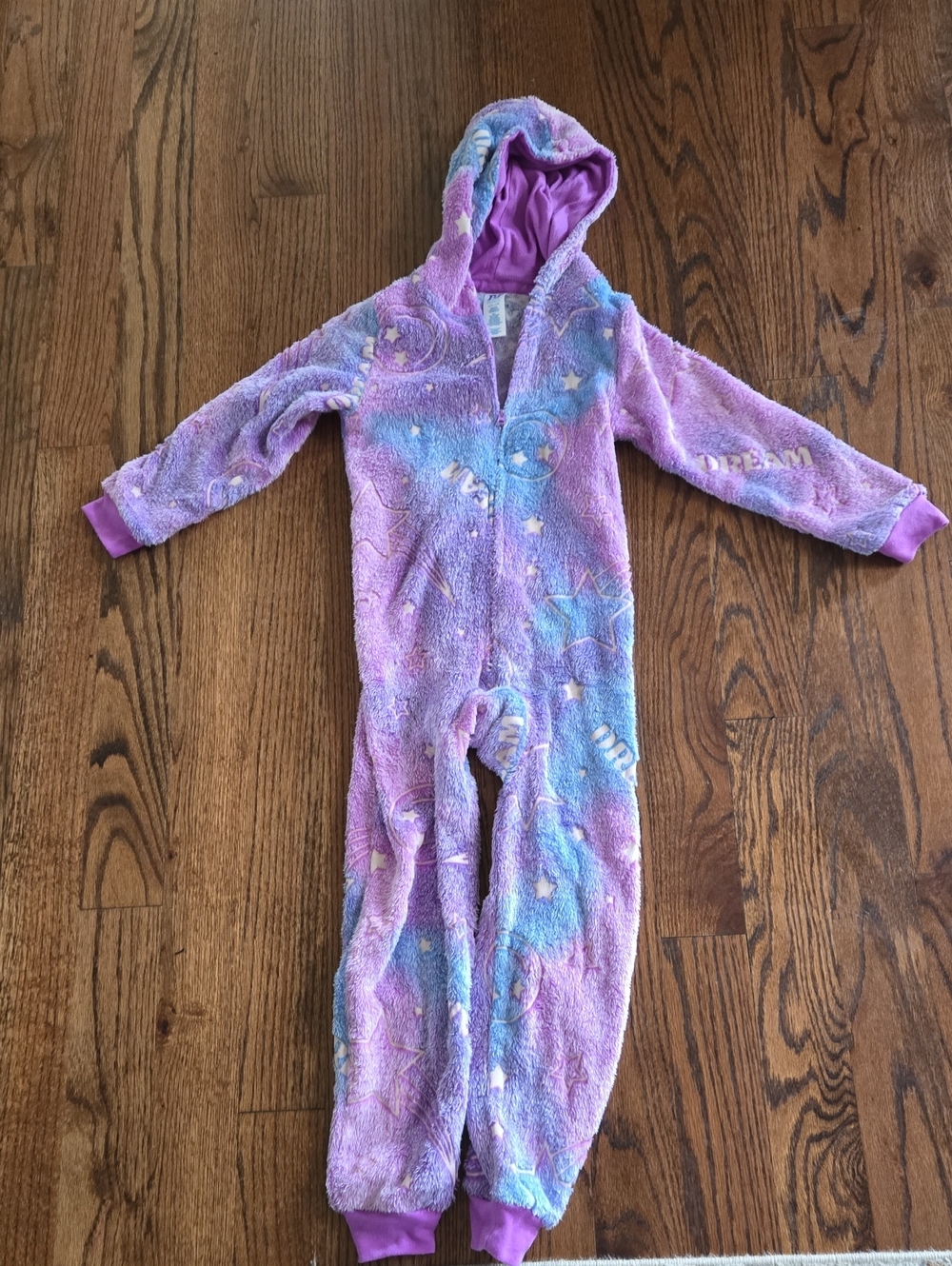 Plush Hooded Kids One-Piece in Purple Pink Dream Print
